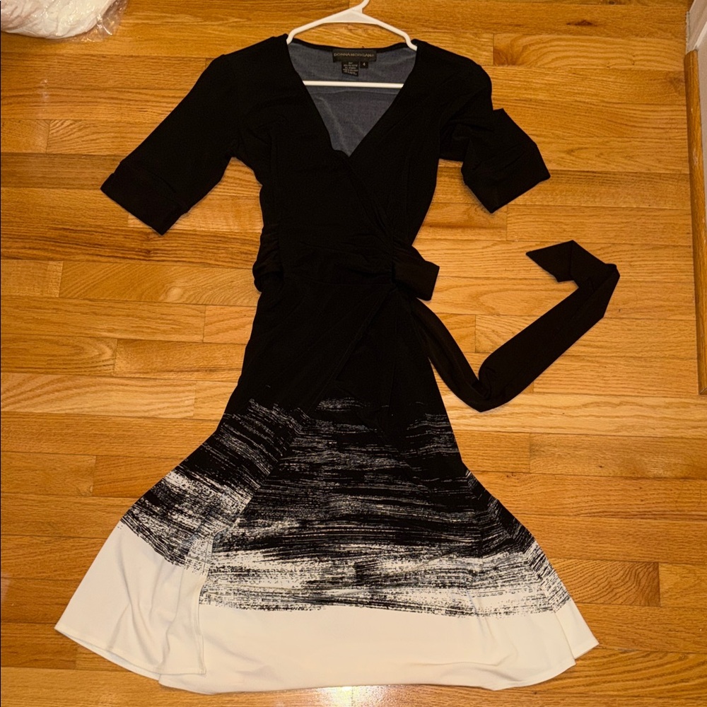 Donna Morgan Black and White Midi Wrap Dress